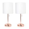 Rose Gold Stick Lamp with USB charging port and Fabric Shade 2 Pack Set, White