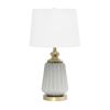 25" Classic Fluted Ceramic and Metal Table Lamp with White Fabric Shade for Bedside Desk Foyer Endtable Dresser Dining Room, Gray