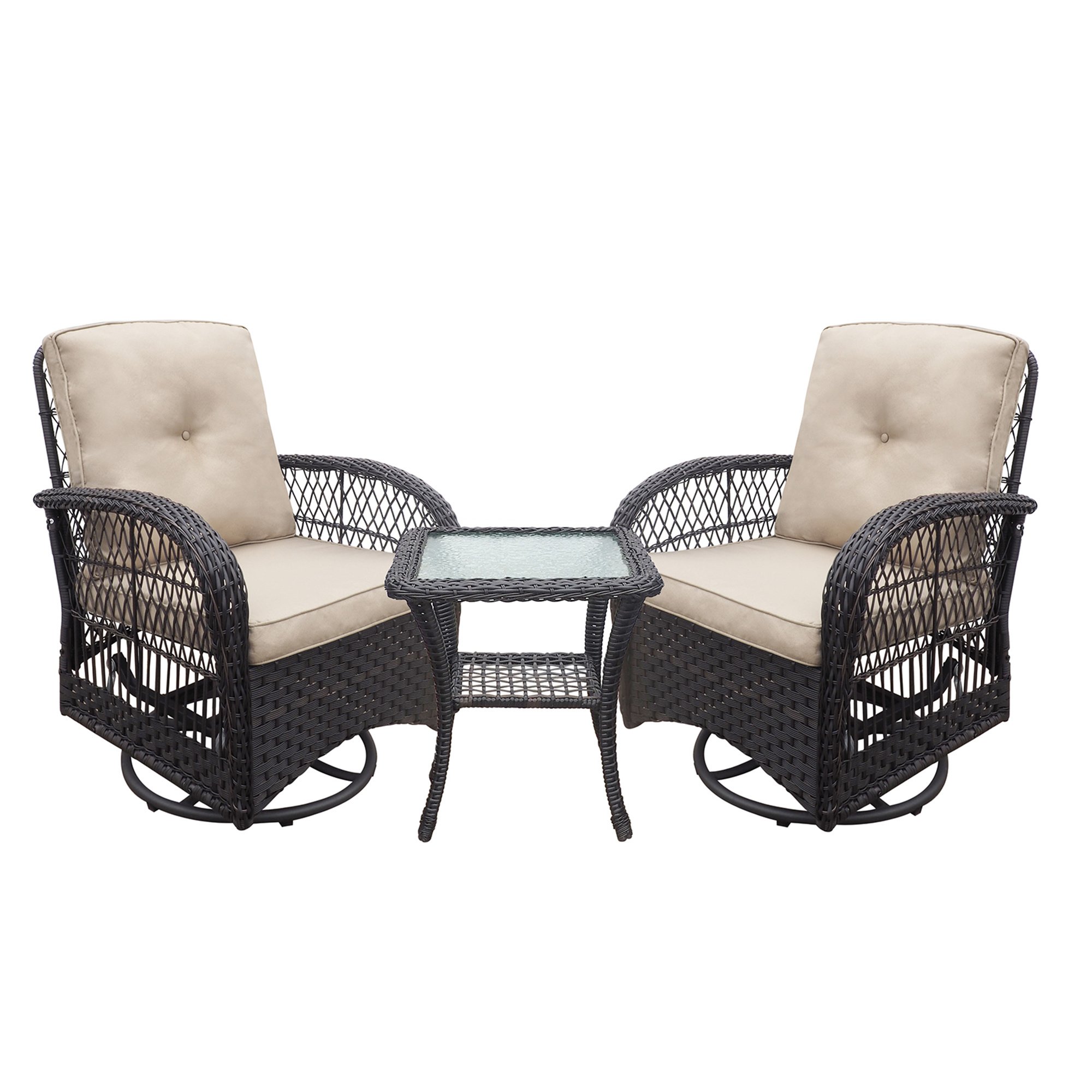 360-Degree Patio Wicker Swivel Rocker Chairs Set; Outdoor Rattan Rocking Bistro Sets with Cushions and Table; Dark Brown 360-Degree Patio Wicker Swivel Rocker Chairs Set; Outdoor Rattan Rocking Bistro Sets with Cushions and Table; Dark Brown