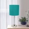 Oslo 19.5" Contemporary Bedside Power Outlet Base Standard Metal Table Desk Lamp in Brushed Steel with Teal Drum Fabric Shade for Home Décor, Bedroom,