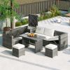 Outdoor 6-Piece Patio Wicker Sectional and Glass Top Table Furniture Set - Gray
