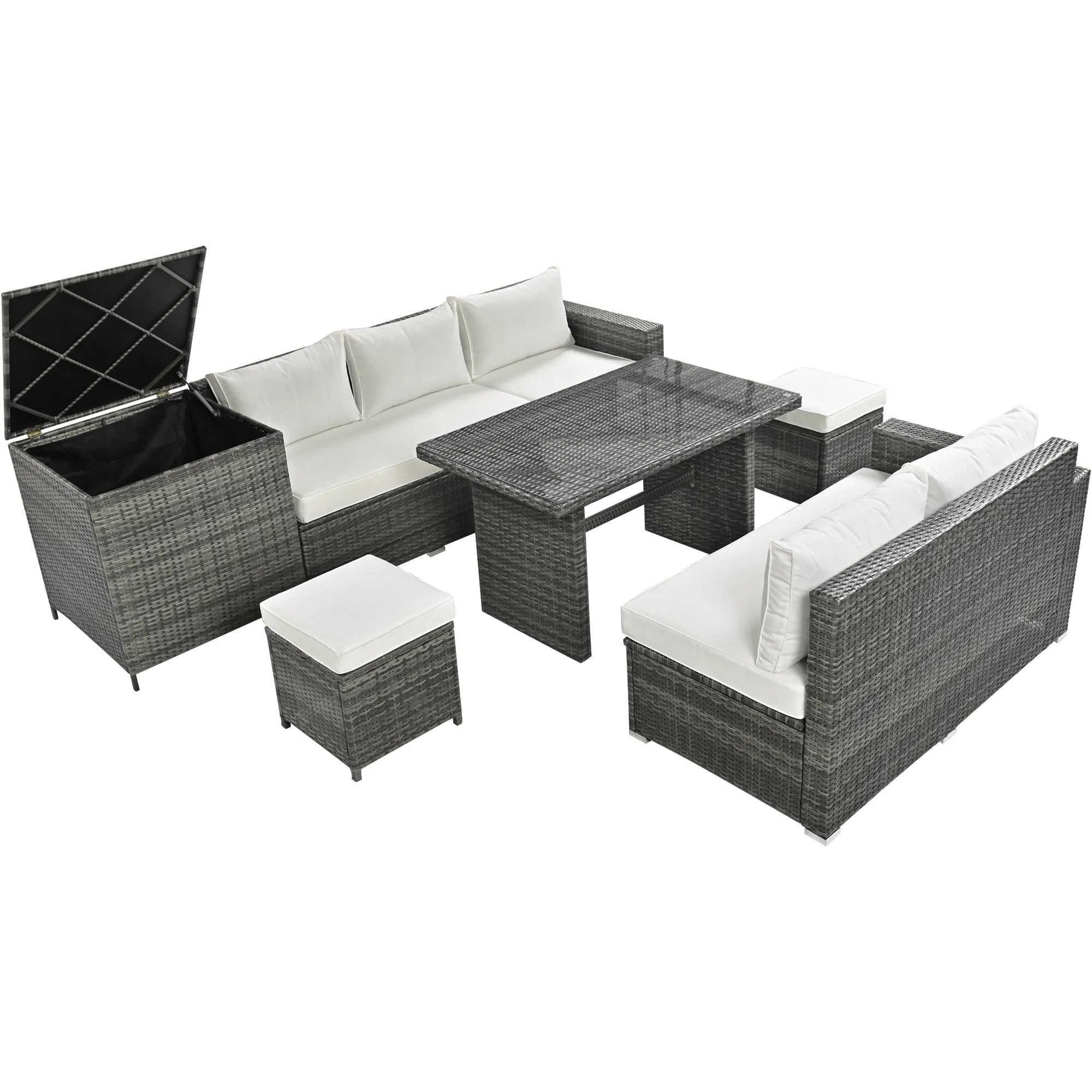 Outdoor 6-Piece Patio Wicker Sectional and Glass Top Table Furniture Set - Gray Outdoor 6-Piece Patio Wicker Sectional and Glass Top Table Furniture Set - Gray