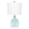 Clear Blue Hammered Glass Jar Table Lamp with White Linen Shade