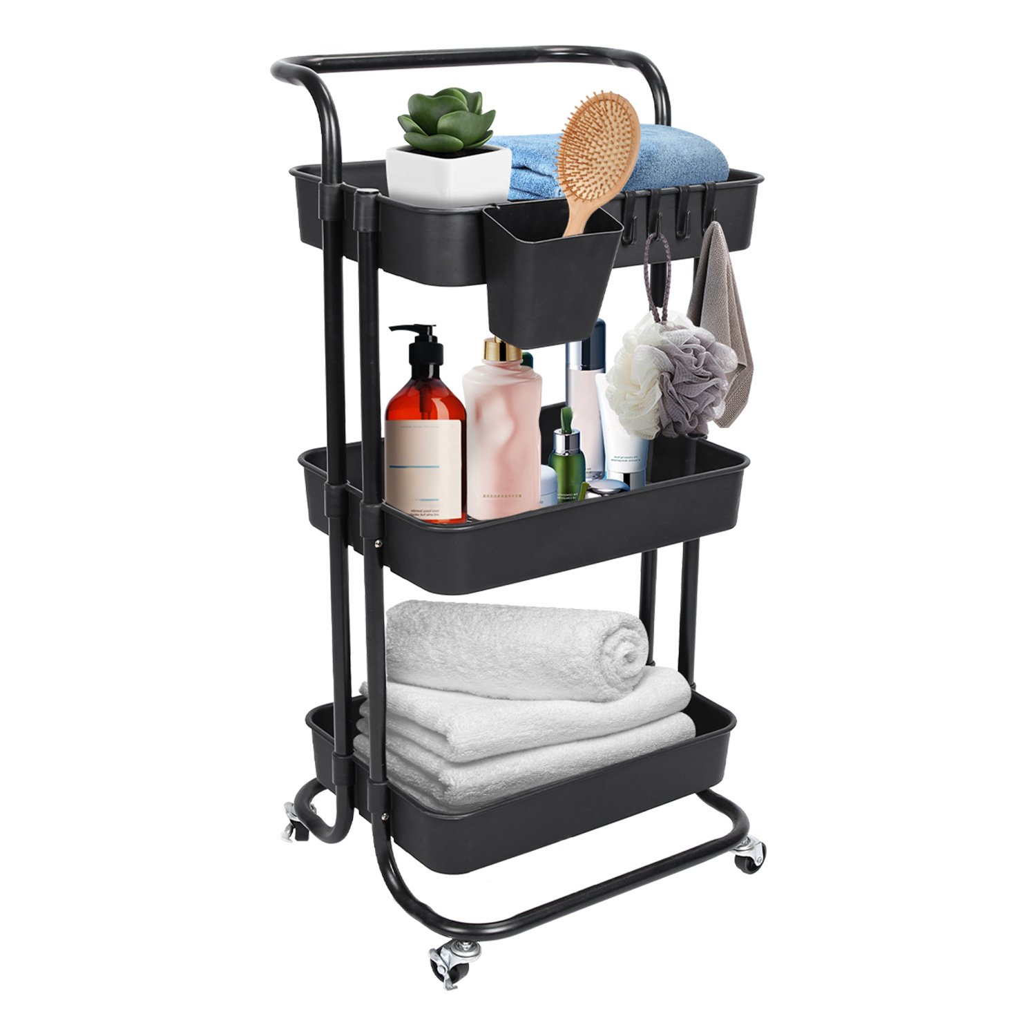 3 Tier Rolling Utility Cart Movable Storage Organizer with Mesh Baskets Lockable Wheels 360 Degree Rotatable Hanging Box Hooks Bedroom Bathroom Kitche 3 Tier Rolling Utility Cart Movable Storage Organizer with Mesh Baskets Lockable Wheels 360 Degree Rotatable Hanging Box Hooks Bedroom Bathroom Kitche