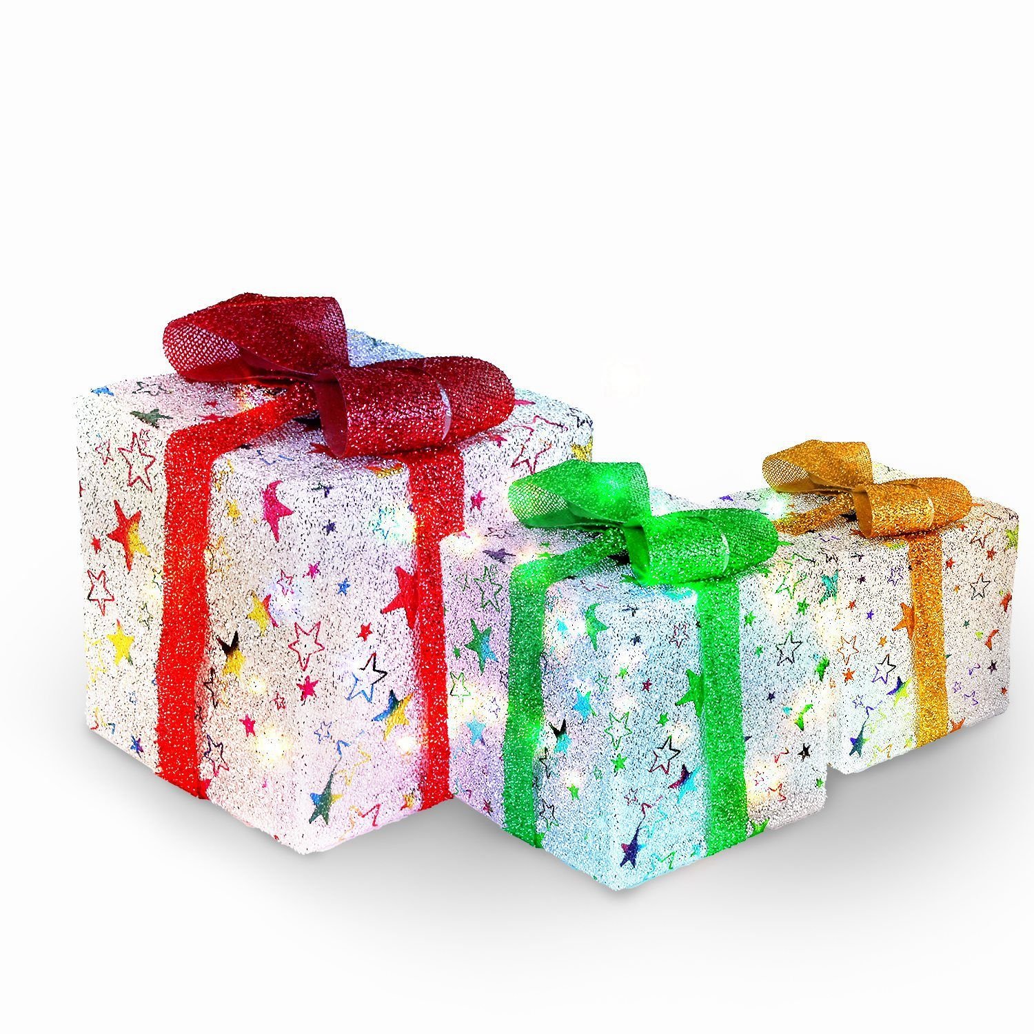 Set of 3 Christmas Lighted Gift Boxes Xmas Present Ornament 50 LED Christmas Box Decorations with Ribbon Bows IP44 Waterproof Battery Powered for Indo Set of 3 Christmas Lighted Gift Boxes Xmas Present Ornament 50 LED Christmas Box Decorations with Ribbon Bows IP44 Waterproof Battery Powered for Indo